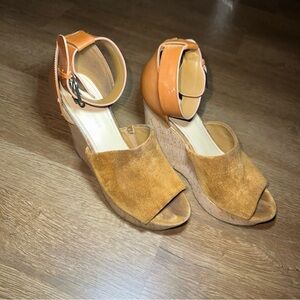 Marc Fisher Casual Leather Ankle Strap Wedge‎ Heel Sandal Womans Size 8 Brown